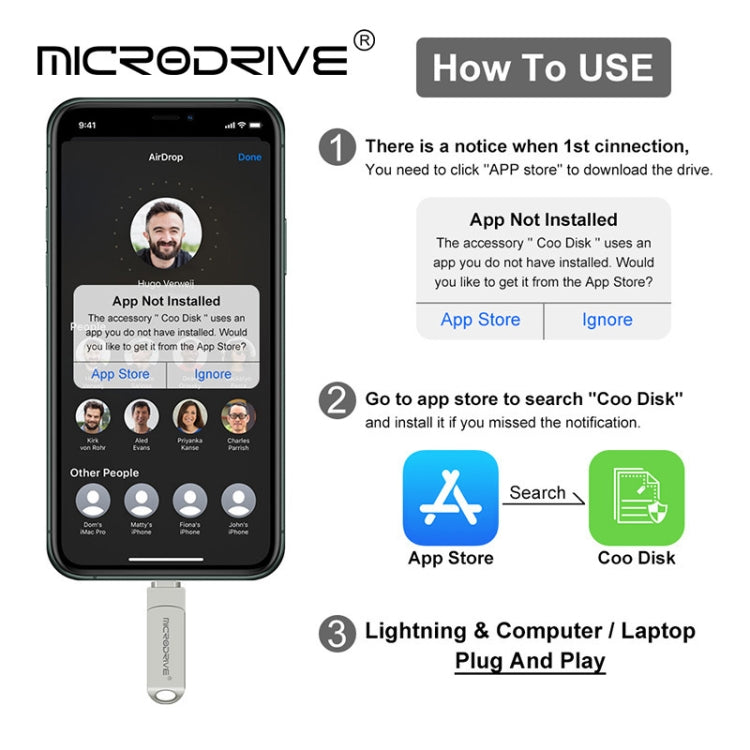 MicroDrive 2 In 1 Lightning + USB2.0 แฟลชดิสก์โลหะแบบพกพา USB, 32GB, 64GB, 128GB