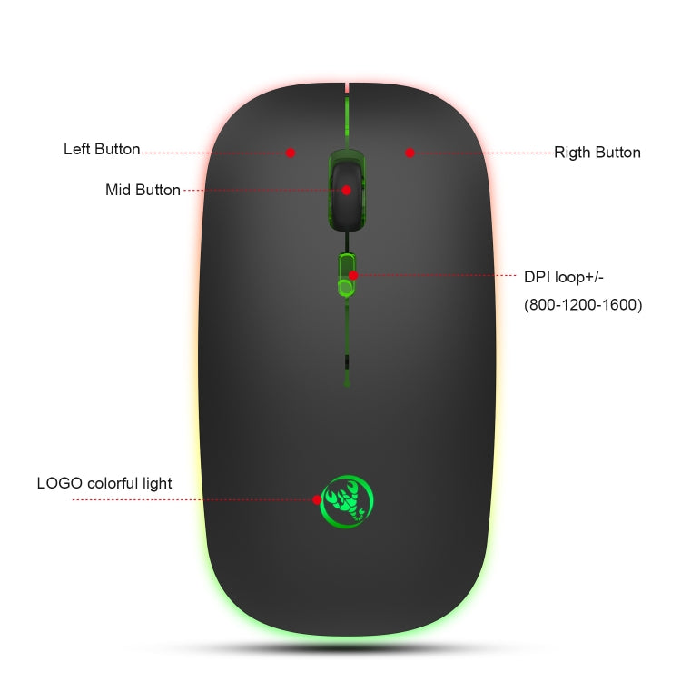 HXSJ T18 2.4GHZ 1600dpi สองโหมดเปล่งแสงเมาส์ไร้สาย USB + บลูทูธ 5.1 ชาร์จใหม่ได้