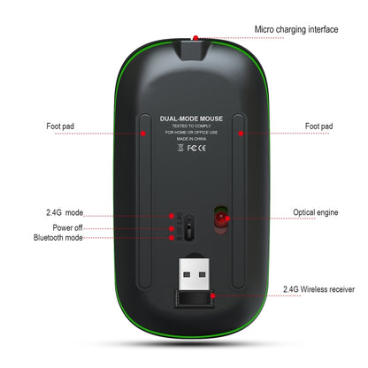 HXSJ T18 2.4GHZ 1600dpi สองโหมดเปล่งแสงเมาส์ไร้สาย USB + บลูทูธ 5.1 ชาร์จใหม่ได้