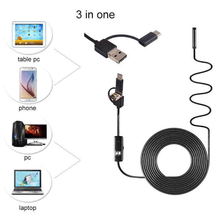 AN100 3 in 1 IP67 กันน้ำ USB-C / Type-C + Micro USB + USB กล้องตรวจสอบท่องู Endoscope HD สำหรับชิ้นส่วนของโทรศัพท์มือถือ Android ฟังก์ชั่น OTG พร้อมไฟ LED 6 ดวง, 5.5mm, 7mm, 8mm