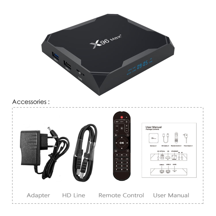 กล่องสมาร์ททีวี X96 สูงสุด + 4K พร้อมรีโมทคอนโทรล, Android 9.0, Amlogic S905X3 Quad-Core Cortex-A55,2GB + 16GB, รองรับ LAN, AV, 2.4G / 5G WiFi, USBx2, การ์ด TF,, EU Plug, UK Plug, AU Plug