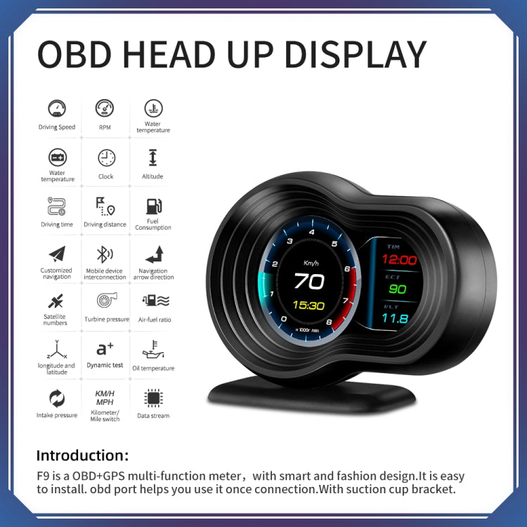 F9 OBD2 + โหมด GPS รถ HUD Head-up Display ความเร็ว/อุณหภูมิน้ำ/จอแสดงผลแรงดันไฟฟ้า, F9 OBD2 GPS