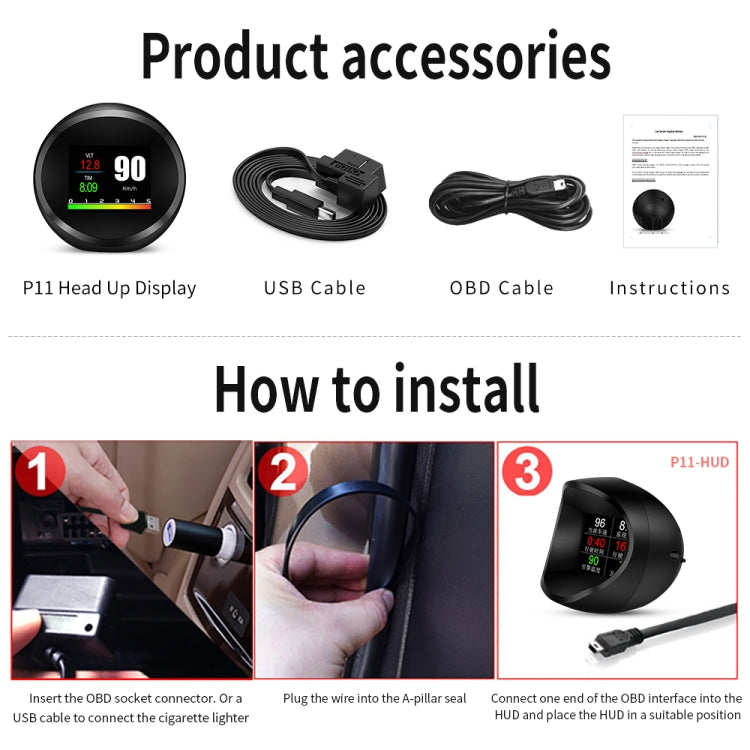 P11 OBD2 + โหมด GPS จอแสดงผลรถยนต์ HUD Head-up อุณหภูมิน้ำ / ความเร็วรถ / แรงดันไฟฟ้า / จอแสดงผลการสิ้นเปลืองน้ำมันเชื้อเพลิง, สัญญาณเตือนความเร็ว, P11