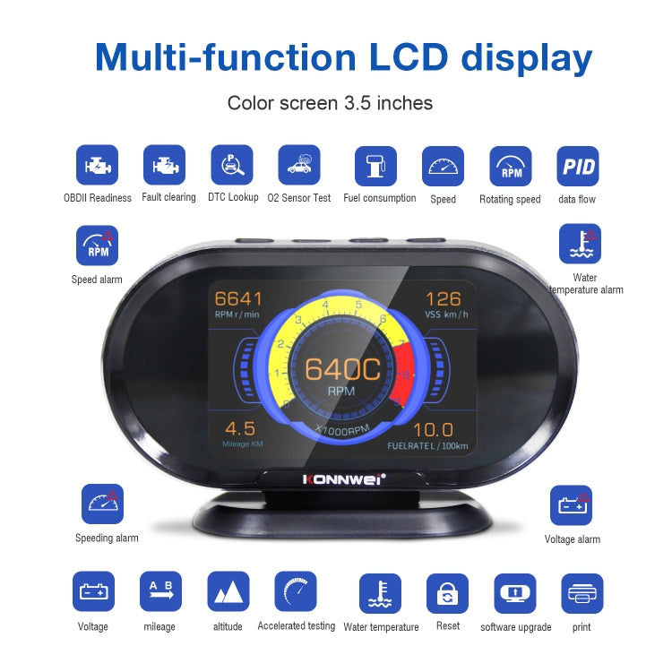 KONNWEI KW206 2 in 1 OBDII / EOBD12V เครื่องสแกนข้อบกพร่องในรถยนต์ + จอ LCD ขนาด 3.5 นิ้ว, KW206