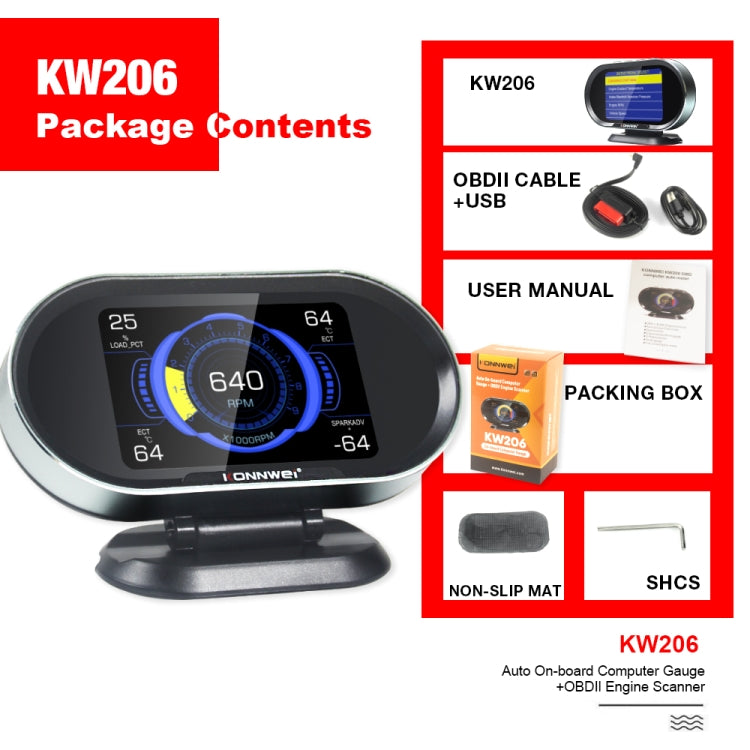 KONNWEI KW206 2 in 1 OBDII / EOBD12V เครื่องสแกนข้อบกพร่องในรถยนต์ + จอ LCD ขนาด 3.5 นิ้ว, KW206