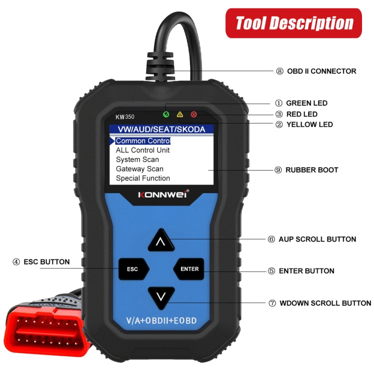 KONNWEI KW350 OBDII 12V Car Diagnostics เครื่องสแกนเนอร์ 2 นิ้วสีดำและสีขาวจอแสดงผล V007 สำหรับ Audi/ Volkswagen, KW350
