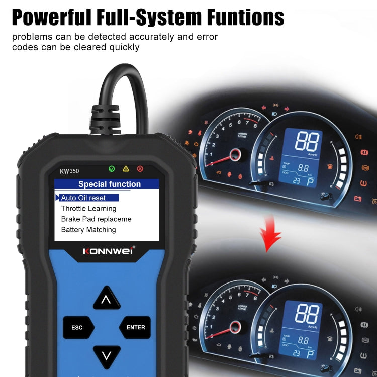 KONNWEI KW350 OBDII 12V Car Diagnostics เครื่องสแกนเนอร์ 2 นิ้วสีดำและสีขาวจอแสดงผล V007 สำหรับ Audi/ Volkswagen, KW350