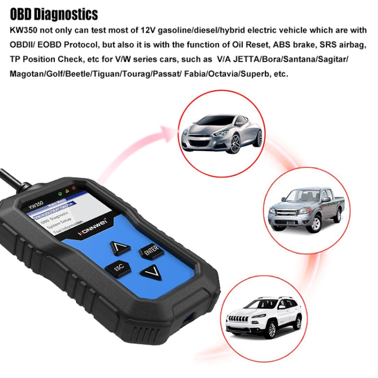 KONNWEI KW350 OBDII 12V Car Diagnostics เครื่องสแกนเนอร์ 2 นิ้วสีดำและสีขาวจอแสดงผล V007 สำหรับ Audi/ Volkswagen, KW350