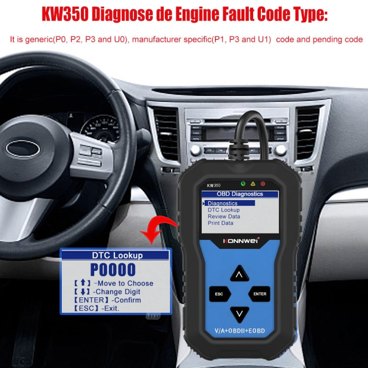 KONNWEI KW350 OBDII 12V Car Diagnostics เครื่องสแกนเนอร์ 2 นิ้วสีดำและสีขาวจอแสดงผล V007 สำหรับ Audi/ Volkswagen, KW350
