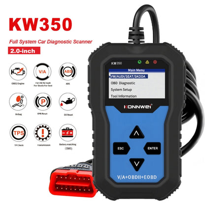KONNWEI KW350 OBDII 12V Car Diagnostics เครื่องสแกนเนอร์ 2 นิ้วสีดำและสีขาวจอแสดงผล V007 สำหรับ Audi/ Volkswagen, KW350