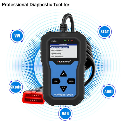 KONNWEI KW350 OBDII 12V Car Diagnostics เครื่องสแกนเนอร์ 2 นิ้วสีดำและสีขาวจอแสดงผล V007 สำหรับ Audi/ Volkswagen, KW350