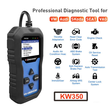 KONNWEI KW350 OBDII 12V Car Diagnostics เครื่องสแกนเนอร์ 2 นิ้วสีดำและสีขาวจอแสดงผล V007 สำหรับ Audi/ Volkswagen, KW350