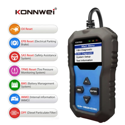 KONNWEI KW350 OBDII 12V Car Diagnostics เครื่องสแกนเนอร์ 2 นิ้วสีดำและสีขาวจอแสดงผล V007 สำหรับ Audi/ Volkswagen, KW350