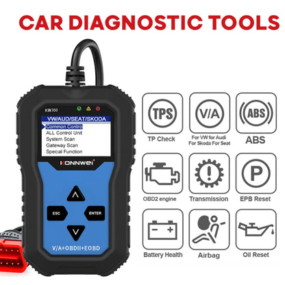 KONNWEI KW350 OBDII 12V Car Diagnostics เครื่องสแกนเนอร์ 2 นิ้วสีดำและสีขาวจอแสดงผล V007 สำหรับ Audi/ Volkswagen, KW350