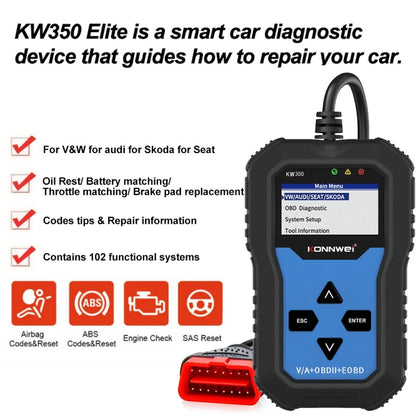 KONNWEI KW350 OBDII 12V Car Diagnostics เครื่องสแกนเนอร์ 2 นิ้วสีดำและสีขาวจอแสดงผล V007 สำหรับ Audi/ Volkswagen, KW350