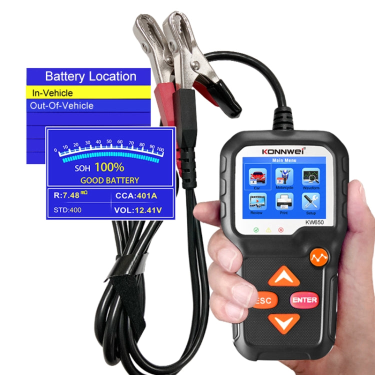 KONNWEI KW650 6V- 12V รถแบตเตอรี่รถจักรยานยนต์เครื่องตัดหญ้าเครื่องตรวจจับ 2.4 นิ้วสีจอแสดงผลและกราฟรูปคลื่น, KW650