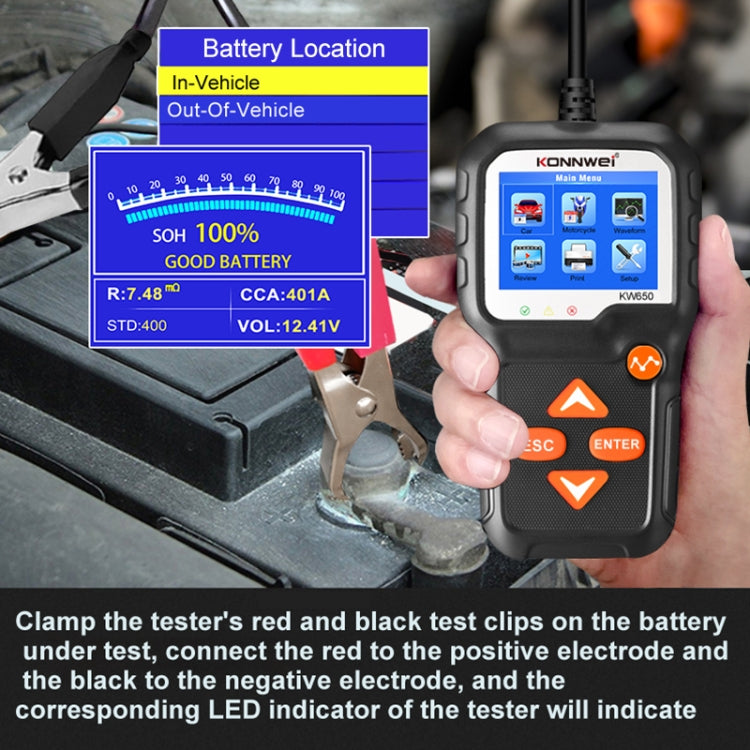 KONNWEI KW650 6V- 12V รถแบตเตอรี่รถจักรยานยนต์เครื่องตัดหญ้าเครื่องตรวจจับ 2.4 นิ้วสีจอแสดงผลและกราฟรูปคลื่น, KW650