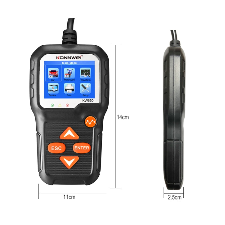 KONNWEI KW650 6V- 12V รถแบตเตอรี่รถจักรยานยนต์เครื่องตัดหญ้าเครื่องตรวจจับ 2.4 นิ้วสีจอแสดงผลและกราฟรูปคลื่น, KW650