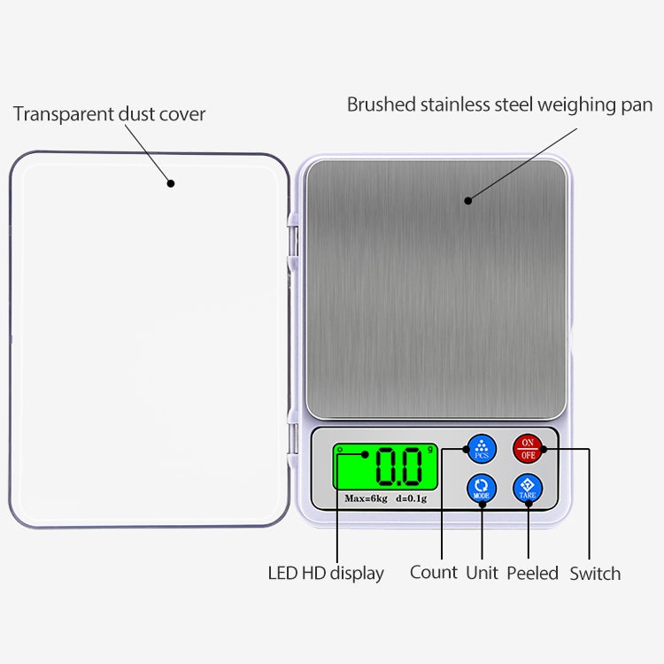 MH-555 6Kg x 0.1g ความแม่นยำสูงดิจิตอลอิเล็กทรอนิกส์แบบพกพา BALANCE อุปกรณ์ 2.2 นิ้วหน้าจอ LCD, 6000g/0.1g