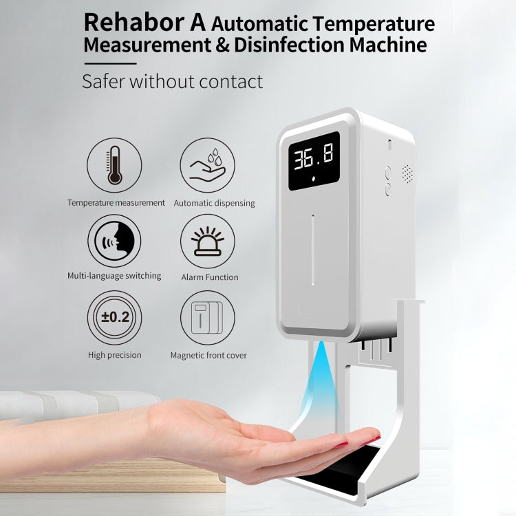 Rehabor A เครื่องวัดอุณหภูมิเซ็นเซอร์วัดอุณหภูมิร่างกายแบบไม่สัมผัสแบบแฮนด์ฟรี + เครื่องจ่ายสบู่เหลวอัตโนมัติแบบไม่สัมผัส 450 มล. พร้อมฐานยึด, Rehabor A