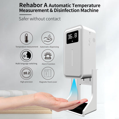 Rehabor A เครื่องวัดอุณหภูมิเซ็นเซอร์วัดอุณหภูมิร่างกายแบบไม่สัมผัสแบบแฮนด์ฟรี + เครื่องจ่ายสบู่เหลวอัตโนมัติแบบไม่สัมผัส 450 มล. พร้อมฐานยึด, Rehabor A