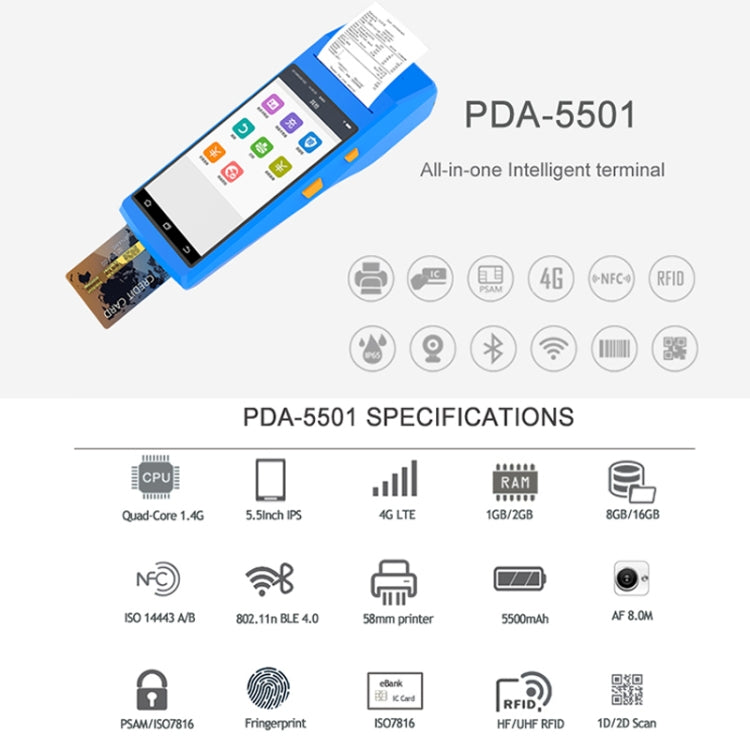 PDA-5501 มัลติฟังก์ชั่นหน้าจอ IPS ขนาด 5.5 นิ้วการป้องกัน IP65 เทอร์มินัลอัจฉริยะแบบ All-in-one เครื่องพิมพ์สายความร้อนในตัวและไมโครโฟนและลำโพงรองรับ WiFi และ Bluetooth และ GPS