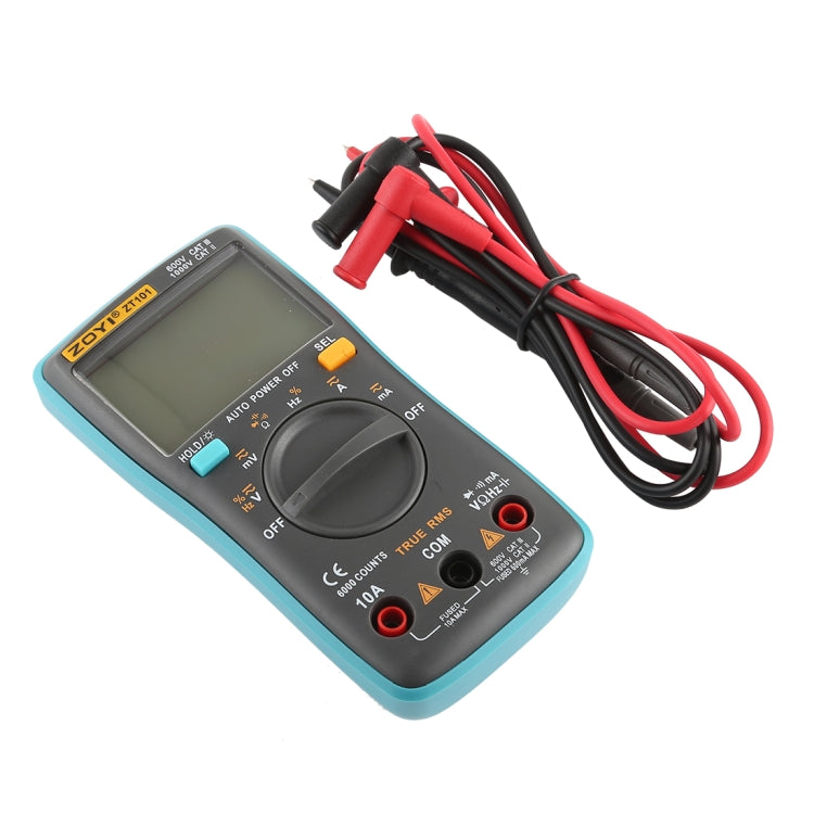 ZOYI ZT101 600V CAT III / 1000V CAT II 6000 นับมัลติมิเตอร์แบบดิจิตอลแบบพกพา AC / DC เครื่องวัดแรงดันไฟฟ้าปัจจุบันพร้อมหน้าจอ LCD แสงด้านหลังและตัวยึด, ZT101