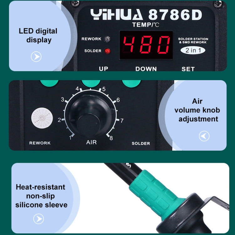 YIHUA 8786D 2 in 1 AC 220V จอแสดงผล LED ปรับอุณหภูมิ Hot Air Gun + สถานีบัดกรี & การประสาน เหล็ก, 8786D