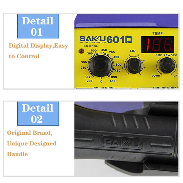 บากู BK-601D AC 220V LED แสดงผล 2 in 1 Hot Air Gun การประสาน สถานีบัดกรีเหล็ก, BK-601D AC 220V