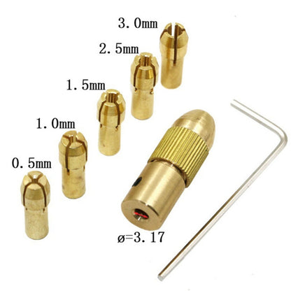 7 ชิ้น/เซ็ตทองเหลือง 0.5-3 มม.ไฟฟ้าขนาดเล็กเจาะ Bit Collet Micro Twist 3.17 มม.เจาะชุด Chuck พร้อมประแจ, 3.17mm