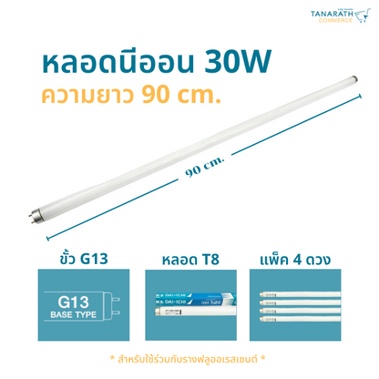 [แพ็ค 4 ดวง] หลอดไฟ 28-30 วัตต์ ยาว 90 เซน หลอดนีออน fluorescent T8 30W 90CM. แสงขาว,แสงขาวนวล หลอดตู้แช่ (Boro แสงสีขาว)