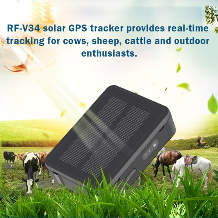 RF-V34 แกะวัวปศุสัตว์ IP67 กันน้ำพลังงานแสงอาทิตย์ GSM GPS ติดตาม WiFi โดยไม่ต้องแผ่นด้านล่างคงที่สนับสนุนการตรวจสอบเสียงและต่อต้านการลบปลุกและ SOS, GPS WiFi Tracking