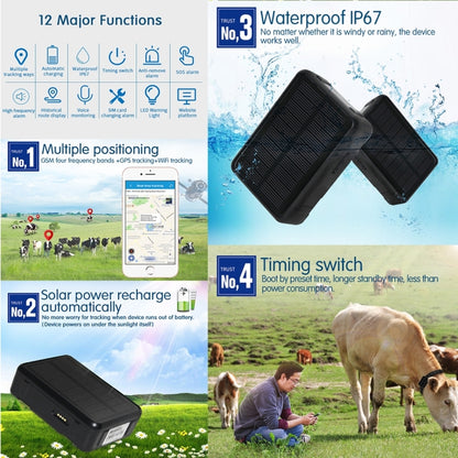 RF-V34 แกะวัวปศุสัตว์ IP67 กันน้ำพลังงานแสงอาทิตย์ GSM GPS ติดตาม WiFi โดยไม่ต้องแผ่นด้านล่างคงที่สนับสนุนการตรวจสอบเสียงและต่อต้านการลบปลุกและ SOS, GPS WiFi Tracking