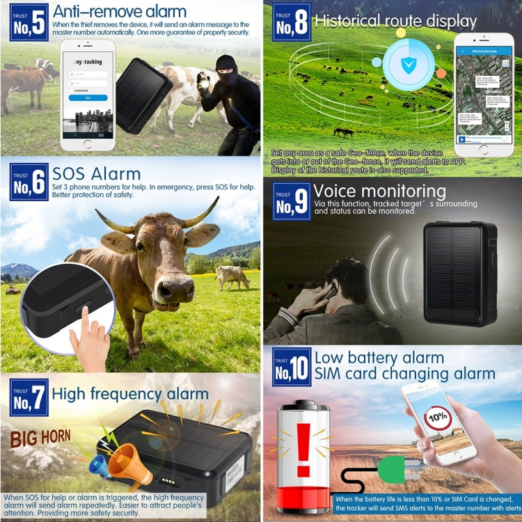 RF-V34 แกะวัวปศุสัตว์ IP67 กันน้ำพลังงานแสงอาทิตย์ GSM GPS ติดตาม WiFi โดยไม่ต้องแผ่นด้านล่างคงที่สนับสนุนการตรวจสอบเสียงและต่อต้านการลบปลุกและ SOS, GPS WiFi Tracking