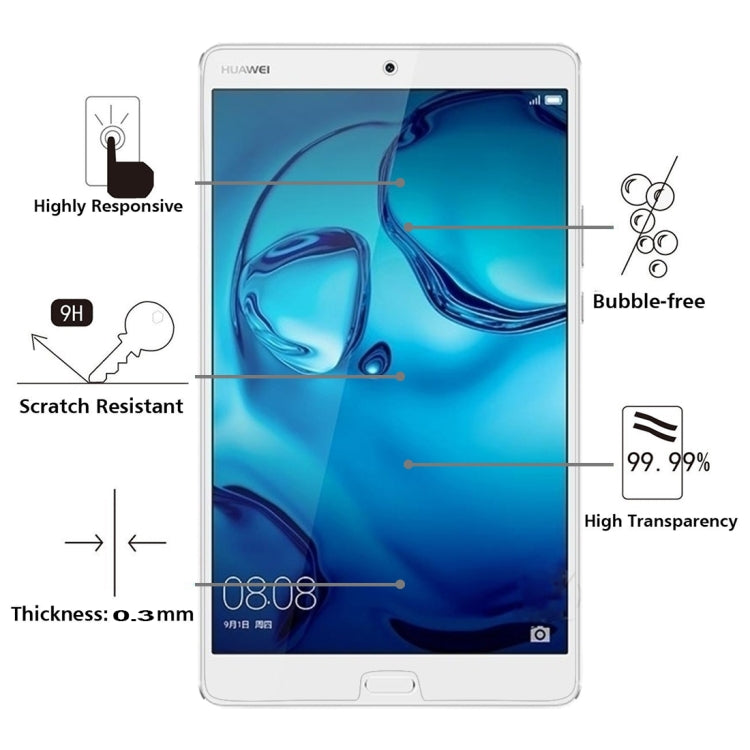 สำหรับ Huawei MediaPad M3 8.4 นิ้ว 0.3mm 9H ความแข็งพื้นผิวฟิล์มกระจกนิรภัยป้องกันการระเบิด, For MediaPad M3 8.4 inch