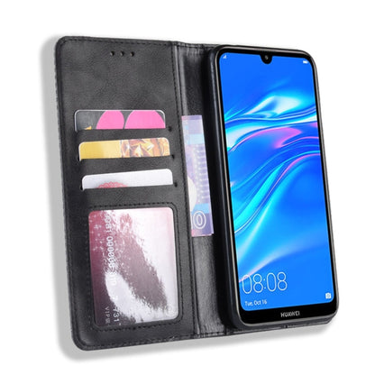 Magnetic Buckle Retro Texture ซองหนังพลิกแนวนอนสำหรับ Huawei Y7 (2019) / Y7 Prime (2019) พร้อมตัวยึดและช่องเสียบการ์ดและกระเป๋าสตางค์, For Huawei Y7 (2019)