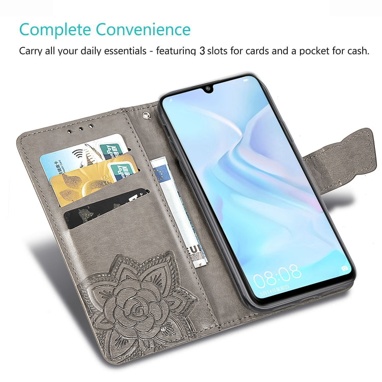 ผีเสื้อรักดอกไม้ลายนูนซองหนังพลิกแนวนอนสำหรับ Huawei P30 Lite / โนวา 4e พร้อมตัวยึดและช่องเสียบการ์ดและกระเป๋าสตางค์และเชือกเส้นเล็ก, For Huawei P30 Lite / Nova 4e