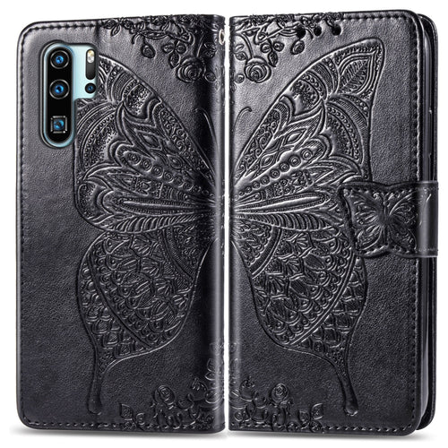 ผีเสื้อรักดอกไม้ลายนูนซองหนังพลิกแนวนอนสำหรับ Huawei P30 Pro พร้อมตัวยึดและช่องเสียบการ์ดและกระเป๋าสตางค์และเชือกเส้นเล็ก, For Huawei P30 Pro