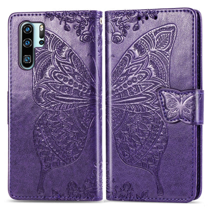 ผีเสื้อรักดอกไม้ลายนูนซองหนังพลิกแนวนอนสำหรับ Huawei P30 Pro พร้อมตัวยึดและช่องเสียบการ์ดและกระเป๋าสตางค์และเชือกเส้นเล็ก, For Huawei P30 Pro