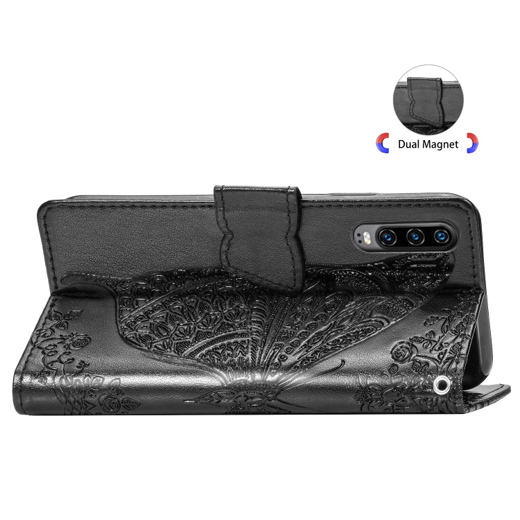 ผีเสื้อรักดอกไม้ลายนูนซองหนังพลิกแนวนอนสำหรับ Huawei P30 พร้อมตัวยึดและช่องเสียบการ์ดและกระเป๋าสตางค์และเชือกเส้นเล็ก, For Huawei P30