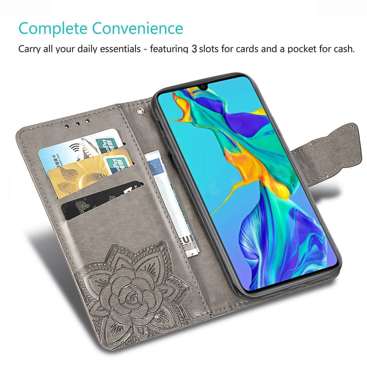 ผีเสื้อรักดอกไม้ลายนูนซองหนังพลิกแนวนอนสำหรับ Huawei P30 พร้อมตัวยึดและช่องเสียบการ์ดและกระเป๋าสตางค์และเชือกเส้นเล็ก, For Huawei P30