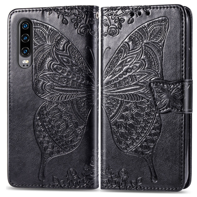 ผีเสื้อรักดอกไม้ลายนูนซองหนังพลิกแนวนอนสำหรับ Huawei P30 พร้อมตัวยึดและช่องเสียบการ์ดและกระเป๋าสตางค์และเชือกเส้นเล็ก, For Huawei P30