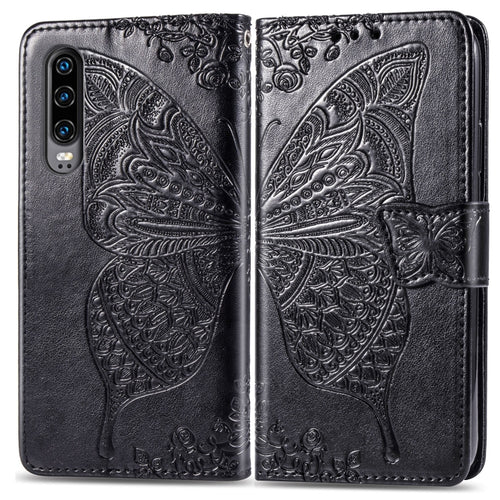 ผีเสื้อรักดอกไม้ลายนูนซองหนังพลิกแนวนอนสำหรับ Huawei P30 พร้อมตัวยึดและช่องเสียบการ์ดและกระเป๋าสตางค์และเชือกเส้นเล็ก, For Huawei P30