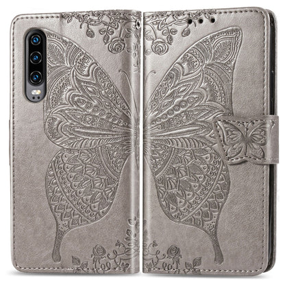 ผีเสื้อรักดอกไม้ลายนูนซองหนังพลิกแนวนอนสำหรับ Huawei P30 พร้อมตัวยึดและช่องเสียบการ์ดและกระเป๋าสตางค์และเชือกเส้นเล็ก, For Huawei P30