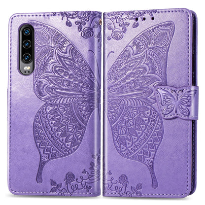 ผีเสื้อรักดอกไม้ลายนูนซองหนังพลิกแนวนอนสำหรับ Huawei P30 พร้อมตัวยึดและช่องเสียบการ์ดและกระเป๋าสตางค์และเชือกเส้นเล็ก, For Huawei P30
