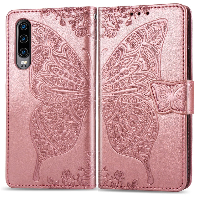 ผีเสื้อรักดอกไม้ลายนูนซองหนังพลิกแนวนอนสำหรับ Huawei P30 พร้อมตัวยึดและช่องเสียบการ์ดและกระเป๋าสตางค์และเชือกเส้นเล็ก, For Huawei P30