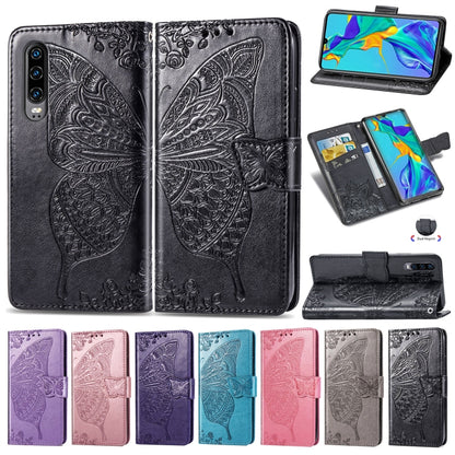 ผีเสื้อรักดอกไม้ลายนูนซองหนังพลิกแนวนอนสำหรับ Huawei P30 พร้อมตัวยึดและช่องเสียบการ์ดและกระเป๋าสตางค์และเชือกเส้นเล็ก, For Huawei P30