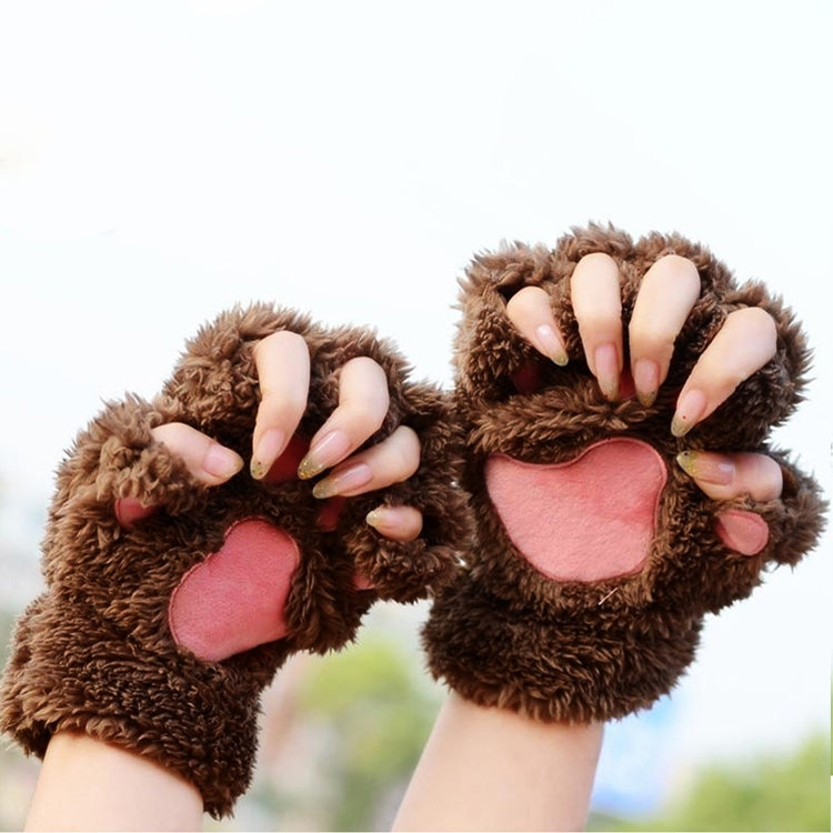 ฤดูหนาวน่ารักการ์ตูน Cat Claw Lady ถุงมือหนา WARM Fluffy Paws ถุงมือครึ่งนิ้ว
