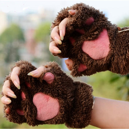 ฤดูหนาวน่ารักการ์ตูน Cat Claw Lady ถุงมือหนา WARM Fluffy Paws ถุงมือครึ่งนิ้ว