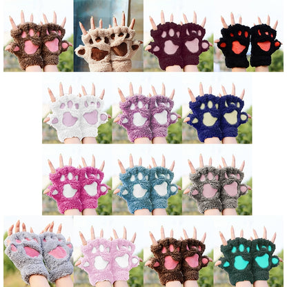 ฤดูหนาวน่ารักการ์ตูน Cat Claw Lady ถุงมือหนา WARM Fluffy Paws ถุงมือครึ่งนิ้ว